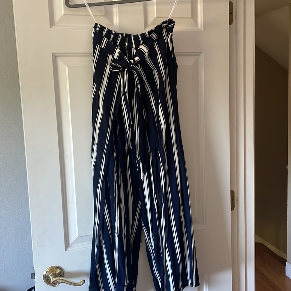 Faithfull the Brand Split Leg Striped Blue Pants Women’s Size 6